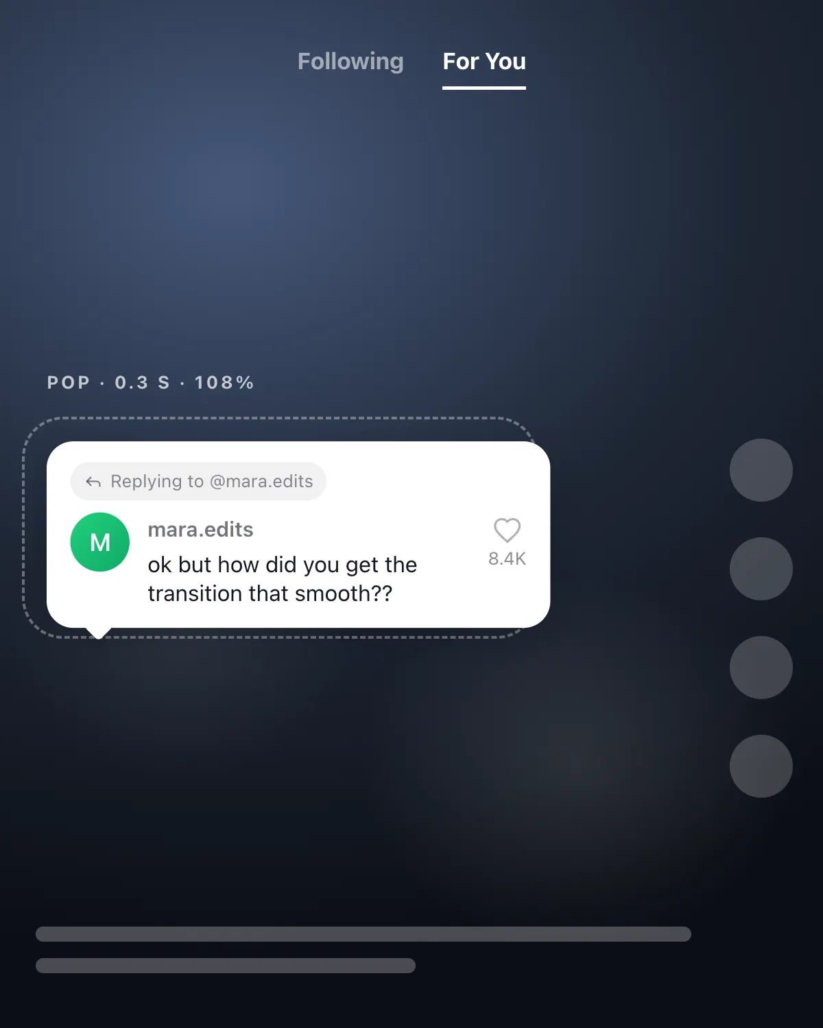 A TikTok feed frame with a comment reply sticker popped over the footage, ringed and labelled pop 0.3 s at 108 percent