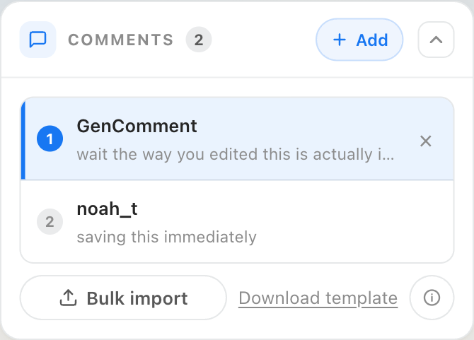 Comment list in the Facebook comment generator showing the Add button, two comments and a Bulk import option