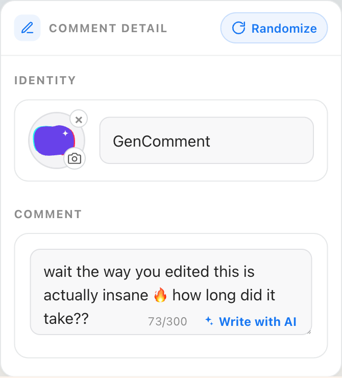 Comment detail editor with identity fields for the name and avatar, plus a comment text box and a Write with AI button