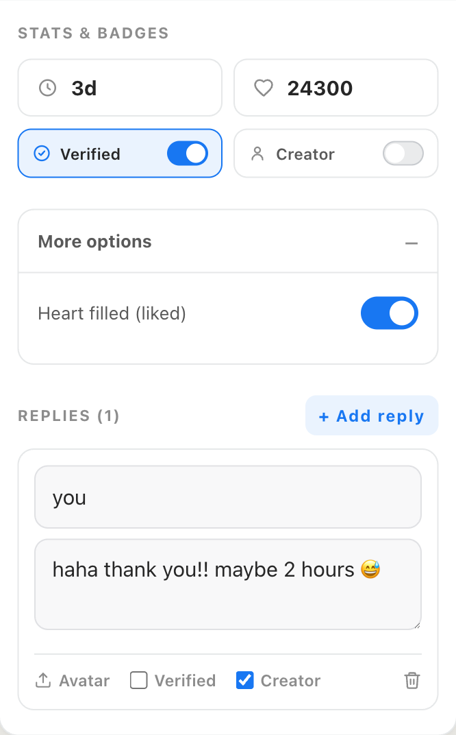Stats and badges controls — timestamp, reaction count, verified seal toggle and a reply thread carrying the Author chip