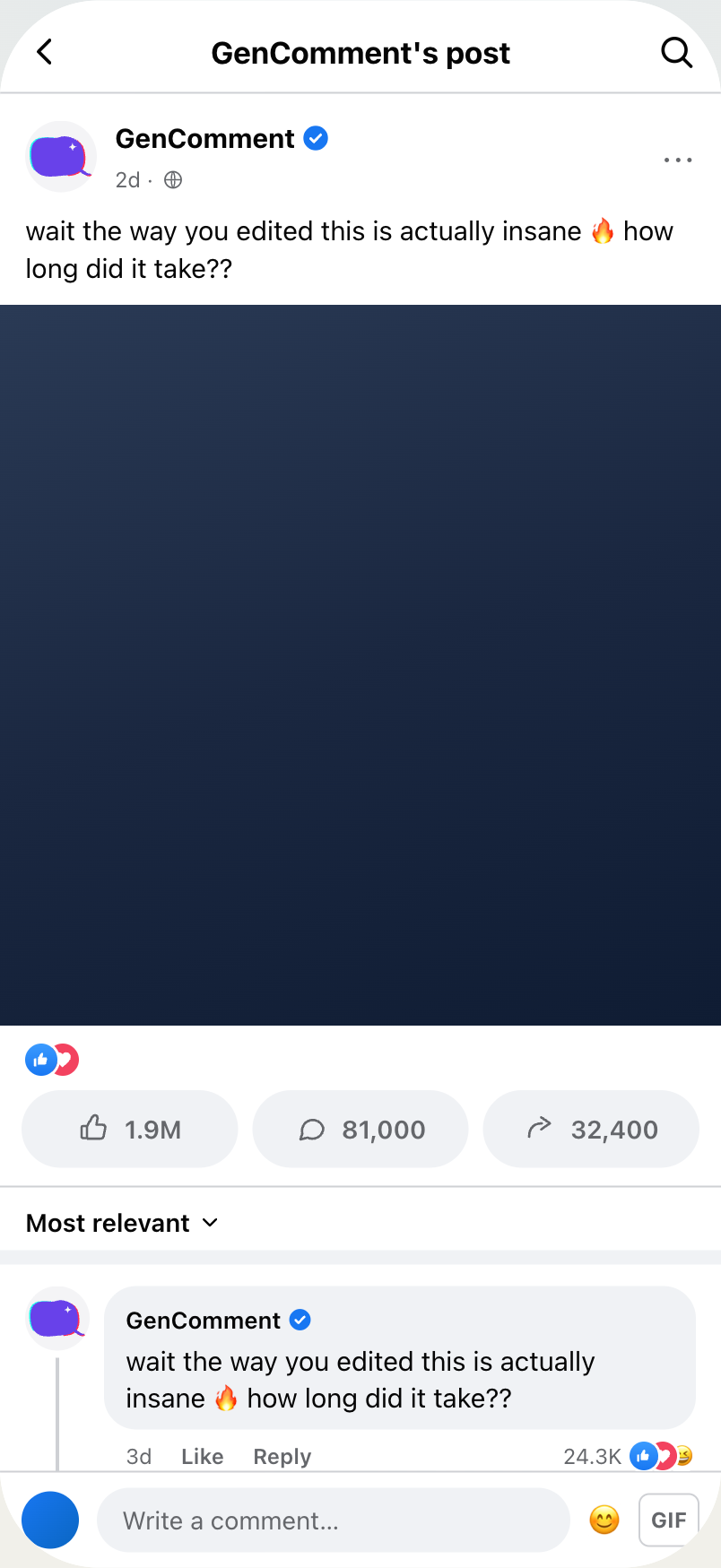 Facebook post preview rendering the generated comment with the reaction bar and a reply, ready to export as a PNG