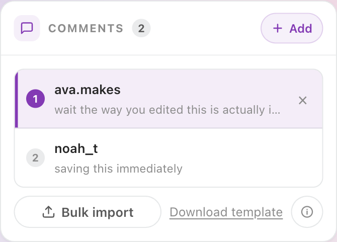 Comment list in the Instagram comment generator, showing the Add button and a Bulk import option