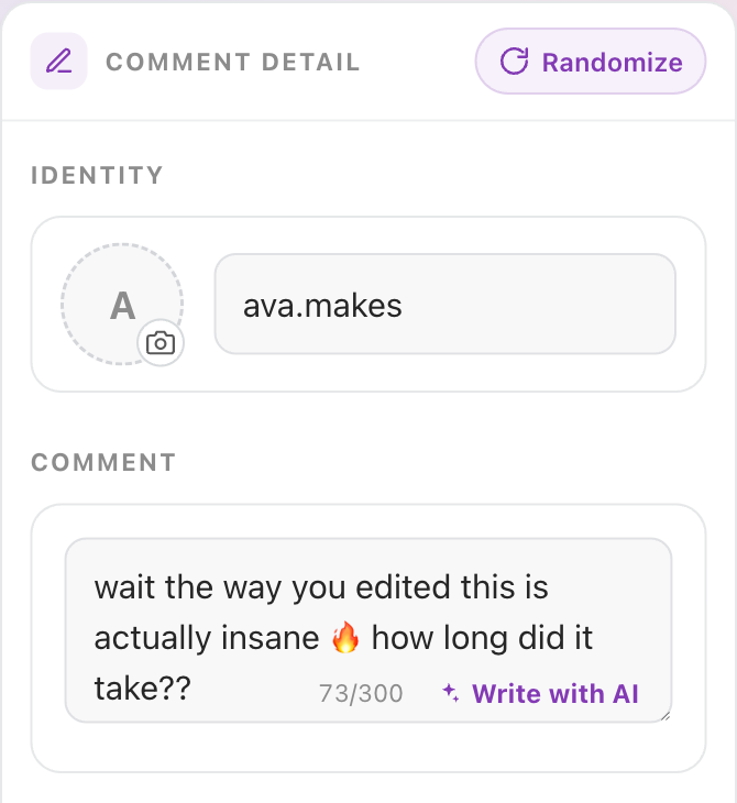 Comment detail editor with an identity field for the username and avatar, plus a comment text box with a Write with AI button