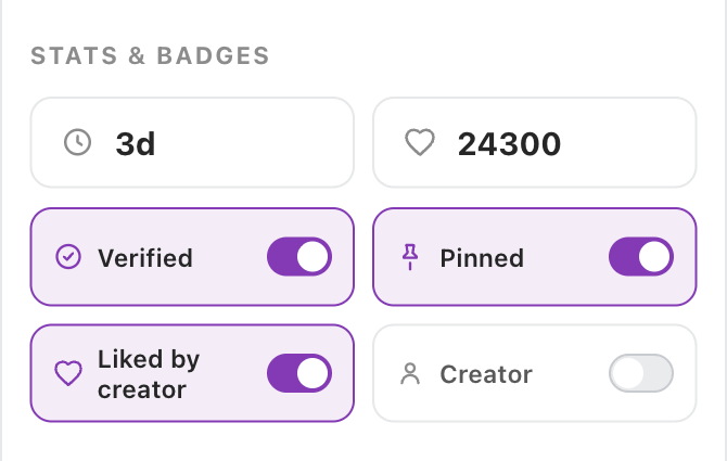 Stats and badges controls: like count, timestamp, and toggles for verified, pinned, liked by creator and creator