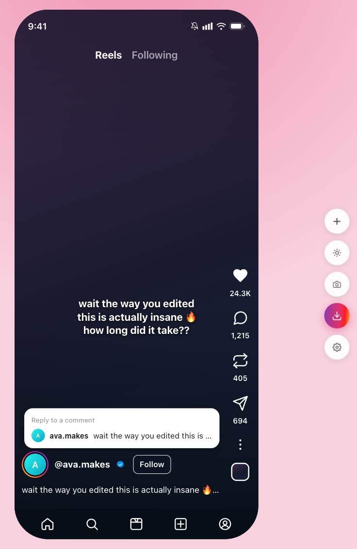 Reels preview showing the generated Instagram comment as a sticker, with a Download PNG export button on the toolbar