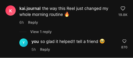 instagram comment generator example — dark mode Reel comment with a reply