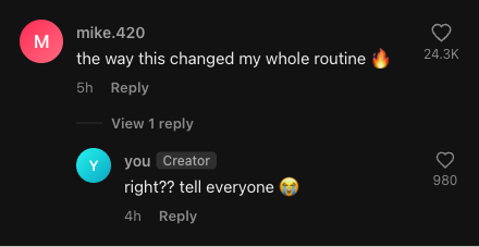 generador de comentarios de tiktok — comentario en modo oscuro con respuesta del creador